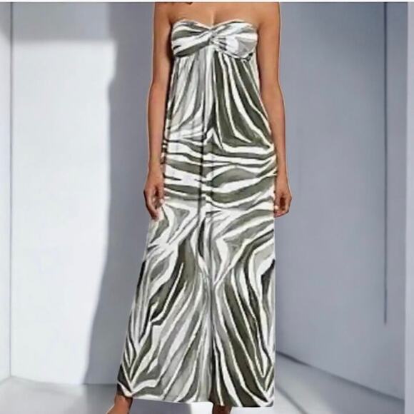 Tommy Bahama Strapless Maxi Dress Women's Large Green White Tropical Zebra Print - Picture 2 of 15